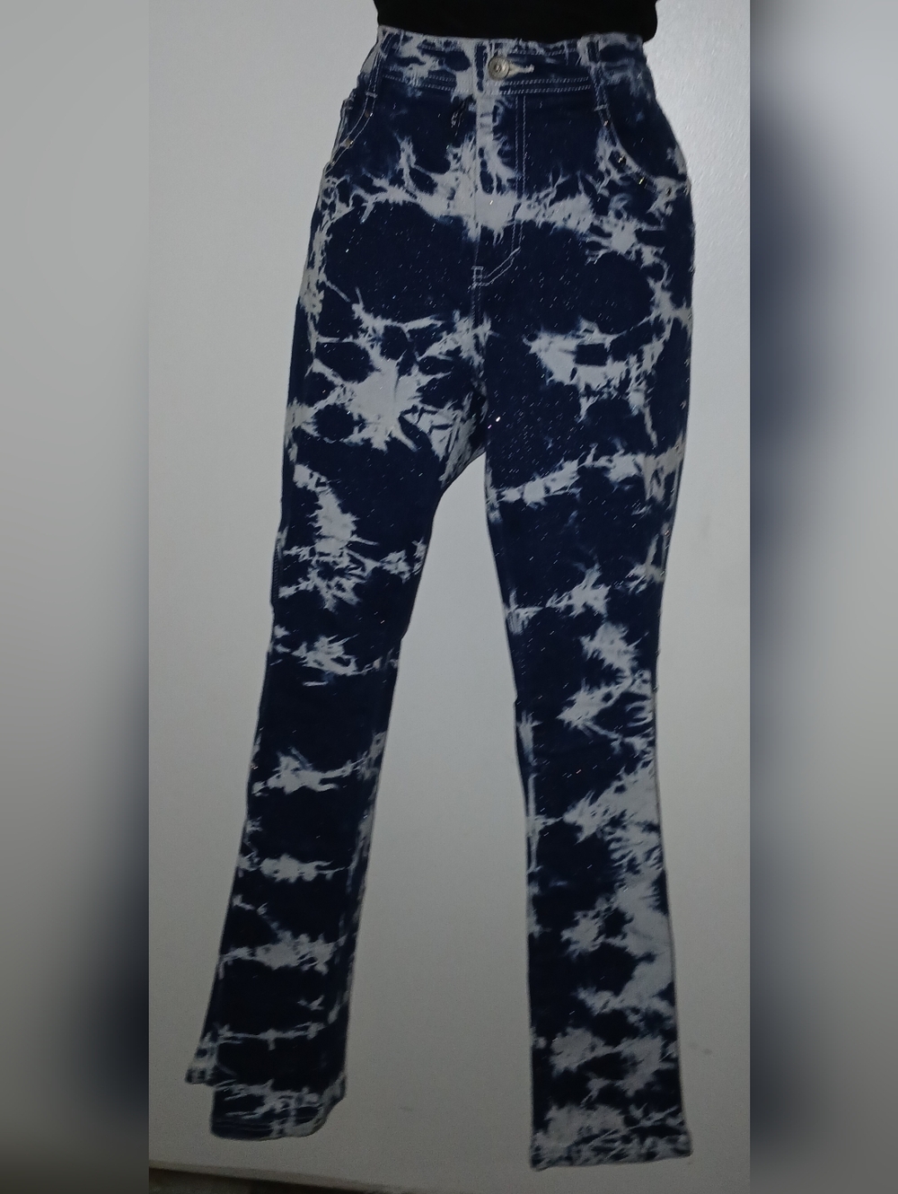 Pre-loved Tie-Dye High-Waist Navy & White Jeans w/Silver Accents
